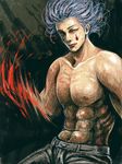  black blood blue_eyes blue_hair hisoka_(hunter_x_hunter) hunter_x_hunter male_focus missing_limb muscle pants red shirtless solo spoilers tattoo 