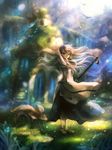  animal anklet bad_id bad_pixiv_id bell clogs dress fantasy fish grass jewelry no_socks original pink_hair ruins staff sui_(petit_comet) tree underwater 