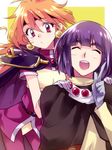  1girl bad_id bad_pixiv_id blush cape closed_eyes earrings gloves hands_on_shoulders headband highres jewelry kanazawa_hiromu lina_inverse long_hair open_mouth orange_hair purple_hair red_eyes short_hair slayers smile xelloss 