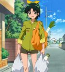  buildings exterior hair_ribbon midorikawa_nao ponytail power_lines screen_capture shopping shopping_bags shorts smile smile_precure! street vegetables 