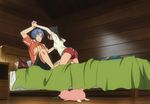  1_female 1_male ano_natsu_de_matteru bag bed blue_shirt brown_hair copver hawaiian_shirt interior ishigaki_tetsurou low_angle panelling pillow playful_fighting plush screen_capture sheet shorts wood_motif 