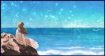  blue_sky breeze girl long_dress mirage ocean overlook refection seagull seashore sitting_on_rock_face sky waves wind 