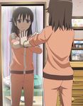  brown_eyes brown_hair coffee_table hair_clip kyouno_madoka looking_into_mirror mirror picture_frames pictures pillow reflective rinne_no_lagrange screen_capture standing touching_image 