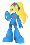  1girl arm_cannon armor blonde blue_eyes helmet ponytail rockman rokko-chan smile solo weapon 