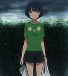  ano_natsu_de_matteru bushes diamond_motif exterior green_shirt looking_at_viewer rain screen_capture shopping_bag short_hair shorts smile tanigawa_kanna umbrella 