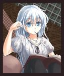  blue_eyes blue_hair book chair jewel_necklace megane plaid_print_background reading word_print_background 