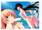  2girls bikini black_hair blonde blue_eyes blush christiane_friedrich dutch_angle hair_ribbon kawagishi_keitarou long_hair looking_back maji_de_watashi_ni_koi_shinasai! mayuzumi_yukie mizugi multiple_girls official_art open_mouth oppai oshiri ponytail popsicle 