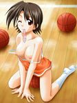  akashi_yuuna basketball blush brown_hair condom condom_in_mouth mahou_sensei_negima! nipples one_eye_closed oppai red_eye wink 