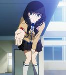  black_rock_shooter exterior hand_outstretched looking_at_viewer megane school_grounds school_uniform screen_capture striped_socks takanashi_yomi 