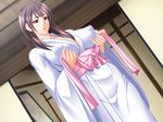  brown_eyes brown_hair clothed erect_nipples form_fitting interior looking_down obi onnazakari_wa_toshishita_gonomi privacy_screens wafuku yukata 