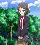  blue_eyes brown_hair cardigan_sweater clouds exterior looking_down plaid_skirt railings red_tie school_bag screen_capture senhime_zessho_symphogear senki_zesshou_symphogear sky trees 