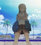  arms_crossed bags brown_hair buildings clouds exterior frustrated kyouno_madoka mountains palm_trees pantsu polo_shirt rinne_no_lagrange roofs school_bag screen_capture sun_glare thighs warm_weather_uniform windows 