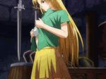  animated_gif barrel blonde breasts large_breasts long_hair looking_back oppai sharon shield skirt sword undressing words_worth 
