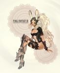  animal_ears armor breasts bunny_ears cleavage copyright_name crossed_legs dark_skin doily final_fantasy final_fantasy_xii fran high_heels j_(onose1213) long_hair medium_breasts ponytail revealing_clothes shoes sitting solo viera white_hair 