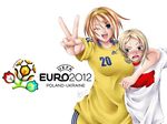  anime blush breast_squeeze breasts brown_hair euro_2012 football fz001 hair_ornament hetalia hug large_breasts open_mouth oppai poland soccer soccer_uniform uefa ukraine 