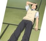  amagami arm_over_forehead interior laying_down over_heated pants school_uniform screen_capture shirt sweater_vest tachibana_junichi tami_flooring tie 