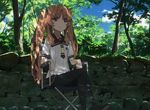  ano_natsu_de_matteru brown_eyes brown_hair clouds crossed_legs directors_chair exterior relaxing rock_wall screen_capture shade sitting sky smile tie trees twin_tail yamano_remon 