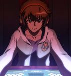  brown_eyes brown_hair clavical clinched_teeth computer_console determined glow headphone hoodie insignia mouretsu_pirates over_the_ear_headphones screen screen_capture short_hair sitting sweat 