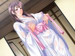  blush brown_eyes brown_hair censored erect_nipples looking_down obi onnazakari_wa_toshishita_gonomi privacy_screens transparent_clothing wafuku wet_clothes yukata 