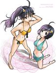  2girls ahoge araragi_karen araragi_tsukihi bakemonogatari barefoot bikini black blue duo eyes feet female hair hair_clip hand_on_hip kneeling long_hair looking_to_side looking_up mizugi mouth_hold nisemonogatari short_hair side_tail smile standing 