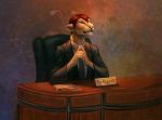  anthro blue_eyes chair claws clothed clothing desk felid hair half-closed_eyes hanmonster lion looking_at_viewer male mammal necktie pantherine plaque red_hair smug solo suit whiskers 