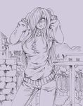  1girl adjusting_hair fence fz001 hair_over_one_eye jeans long_hair megane monochrome nude oppai original outdoors sketch solo standing sweater traditional_media tree turtleneck 