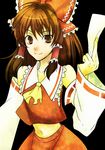  ascot bare_shoulders blush bow brown_eyes brown_hair detached_sleeves hair_bow hair_tubes hakurei_reimu navel ofuda smile solo touhou unizo 