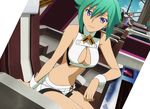  aquarion_evol blue_eyes cleavage computer_console dirty_pair_homage green_hair looking_at_viewer navel resting screen_capture smiling sousei_no_aquarion zessica_wong 