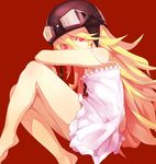  arm_up bakemonogatari bare_legs barefoot blonde_hair dress goggles goggles_on_headwear helmet legs long_hair looking_at_viewer monogatari_(series) ogipote oshino_shinobu pink_dress red_eyes slit_pupils solo 