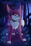  blue candyfoxy canine collar female feral fireflies firefly forest long_ears mammal moon moonlight night pink purple_eyes roxy solo spiked_collar tree white wood 