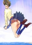  back blush brown_eyes brown_hair cardigan falling hair_up legs looking_back midair miniskirt oshiri pantsu school_uniform shoes skirt skirt_lift sky socks sweater thong water wind_lift 