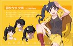  ahoge araragi_karen armpits asymmetrical_hair bare_shoulders black_eyes black_hair blush character_sheet fried_egg hair_ornament hood hooded_track_jacket jacket jacket_on_shoulders long_hair monogatari_(series) multiple_views nisemonogatari official_art pants ponytail salute smile sweatpants tank_top track_jacket translated watanabe_akio 