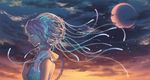  blue_eyes cloud crescent_moon glowing glowing_eyes hiko_(scape) jellyfish long_hair moon original solo sunset 