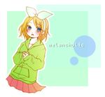  alice420 blonde_hair blue_eyes blush bow english hair_bow hairband hands_on_own_chest kagamine_rin melancholic_(vocaloid) skirt solo song_name vocaloid 