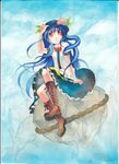  blue_hair boots cross-laced_footwear day dress food fruit hand_on_headwear hat hinanawi_tenshi keystone lace-up_boots long_hair looking_up mosho peach red_eyes rock signature sitting sky solo touhou traditional_media watercolor_(medium) 