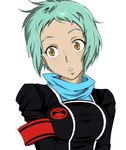  aqua_hair armband brown_eyes persona persona_3 scarf school_uniform short_hair simple_background solo suta_furachina yamagishi_fuuka yellow_eyes 