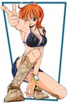  bikini_top boots bracelet brown_eyes nami one_piece oppai orange_hair pantsu pink_panties skirt tattoo 