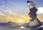  bag black_hairband blue_eyes breasts cloud hair_ribbon hairband handbag hitodama konpaku_youmu konpaku_youmu_(ghost) mountain open_mouth ribbon rokuwata_tomoe scenery short_hair silver_hair sky small_breasts solo sunrise touhou 