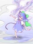  animal_ears barefoot bell blue_dress blue_hair bow cat_ears cat_tail cirno dress hair_bow jingle_bell kemonomimi_mode large_bow matsu outstretched_arms pinafore_dress ribbon solo spread_arms tail touhou wings |_| 