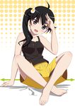  araragi_karen barefoot black_hair blush fried_egg hair_ornament head_tilt long_hair looking_at_viewer monogatari_(series) nisemonogatari open_mouth shorts side_ponytail sitting solo takamin_apaman 