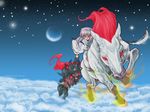  carrying chain cloud dated demon entei_(inuyasha) fire flying graphite_(medium) hakudoushi horse inuyasha japanese_clothes male_focus mane mixed_media moon nick-ian red_eyes red_hair riding scythe sky slit_pupils traditional_media veins 