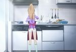  aisaka_taiga apron cabinet cooking cooking_utensils kitchen ponytail pot power_outlet screen_capture shorts socks stove tiled_wall toradora! view_from_behind 