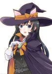  animal_ears artist_name asashio_(kantai_collection) belt black_dress black_hair blue_eyes buttons cape cat_ears commentary_request dated dress eyebrows_visible_through_hair gloves halloween halloween_costume hand_on_own_chest hat highres kantai_collection long_hair long_sleeves looking_at_viewer neck_ribbon open_mouth orange_ribbon owa_(ishtail) pinafore_dress purple_cape purple_hat remodel_(kantai_collection) ribbon searchlight shirt solo white_gloves white_shirt witch witch_hat 
