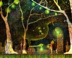  abstract animal bad_id bad_pixiv_id brown_hair building bunny glowing glowing_eyes hat highres lantern monster ofuda original tokoroten_(hmmuk) tree 