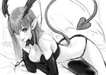  arm_warmers ass breasts cleavage demon_girl finger_to_mouth greyscale horns lips long_hair looking_at_viewer lord_of_vermilion makimura_shunsuke medium_breasts monochrome pointy_ears sketch smile solo succubus succubus_(lord_of_vermilion) tail thighhighs 