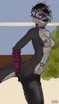  arm_warmers breasts chest_tuft collar female fur mammal mistystriker mustelid otter panties solo tattoo topless tuft underwear undressing 