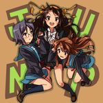  3girls asahina_mikuru bent_over blouse bow brown_eyes brown_hair cardigan cleavage esse gray_hair long_hair megane midair miniskirt multiple_girls nagato_yuki nagato_yuki_(shoushitsu) oekaki open_mouth pleated_skirt school_uniform serafuku shier shoes short_hair skirt smile socks suzumiya_haruhi suzumiya_haruhi_no_shoushitsu suzumiya_haruhi_no_yuuutsu sweater 