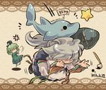  anger_vein calligraphy_brush chibi dolphin dress green_dress green_hair grey_hair hat japanese_clothes mononobe_no_futo multiple_girls paintbrush ponytail pote_(ptkan) short_hair soga_no_tojiko star tate_eboshi touhou translated 