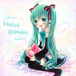 ahoge boots bow bowtie detached_sleeves fang gift green_eyes green_hair happy_birthday hatsune_miku heart heart-shaped_pupils konayuki long_hair open_mouth sitting skirt solo symbol-shaped_pupils thigh_boots thighhighs twintails very_long_hair vocaloid wariza 