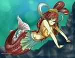  against_wall bikini_top blush fish_tail green_eyes hair_ornament long_hair mermaid monster_girl one_piece red_hair shirahoshi sideboob troubled troubled_expression underwater very_long_hair 